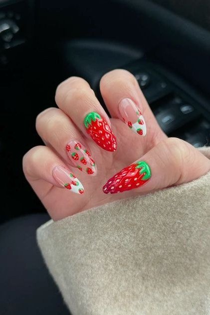Short round nails with strawberry fruit art