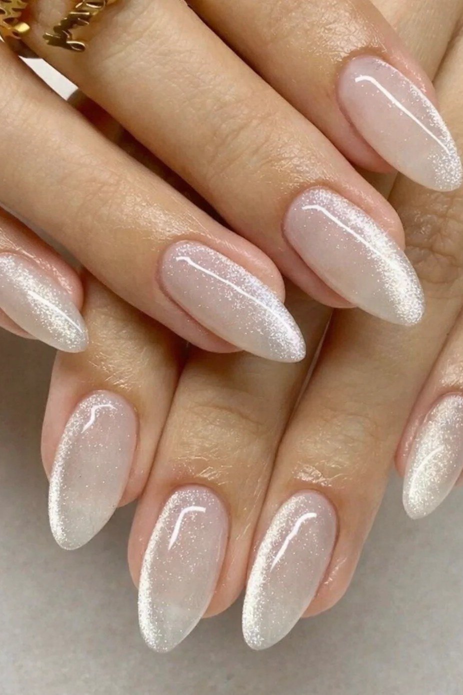 White Chrome Almond Nails - pearl finish nail idea for women over 60