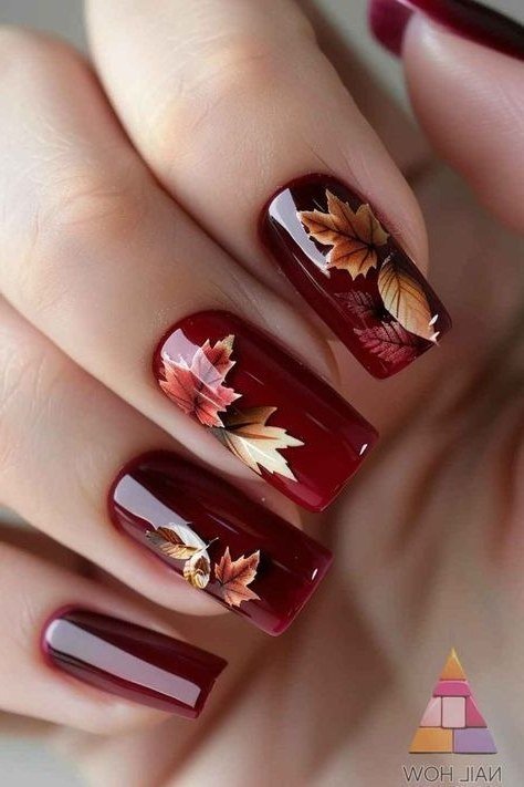 Maple leaf burgundy coffin, burgundy fall nail idea for women over 60
