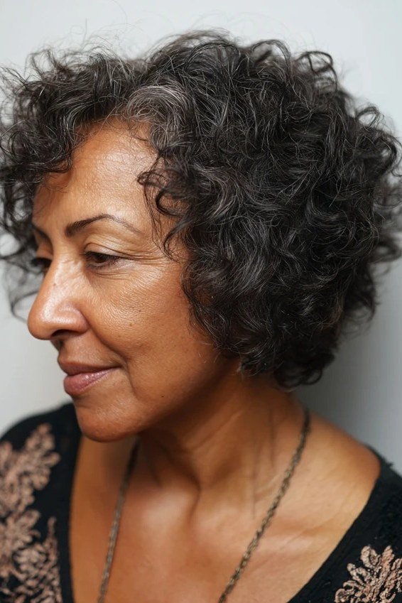 Natural gray curly lob on Black older woman, three-quarter view