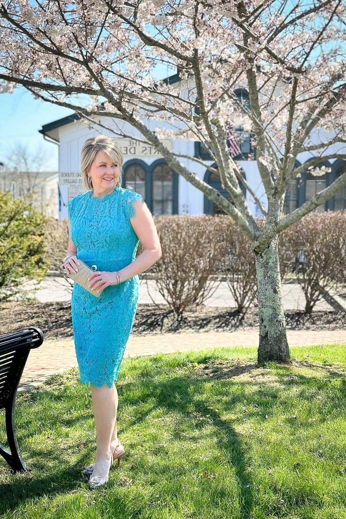 Turquoise sheath dress, garden - wedding guest outfit for women over 50