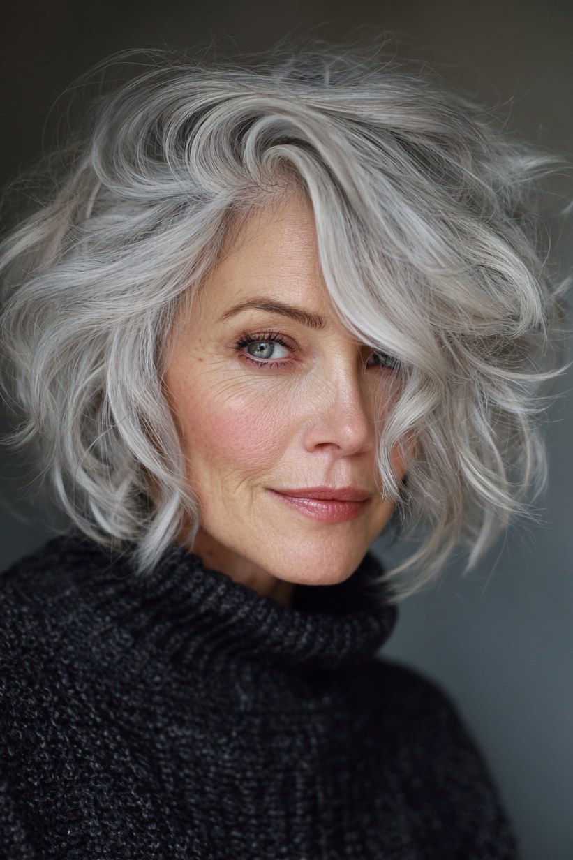 Tousled Silver Front Bob - short wavy bob hairstyle for women over 60