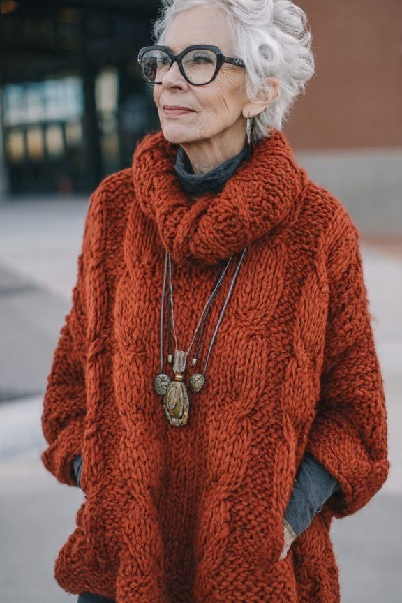 Rust cowl-neck chunky knit sweater dress for women over 60