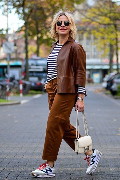 Brown Leather Jacket with Rust Trousers - fall outfit for women over 40