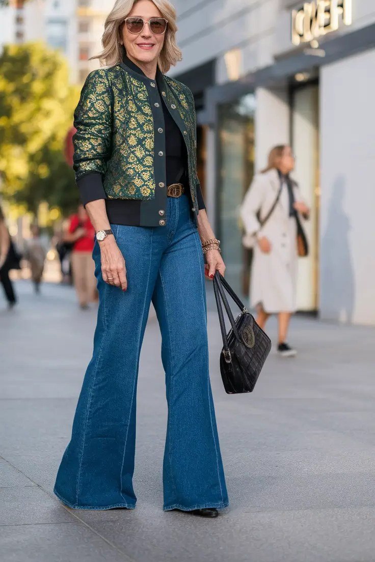 Work outfit for women over 40: patterned jacket with blue wide-leg jeans