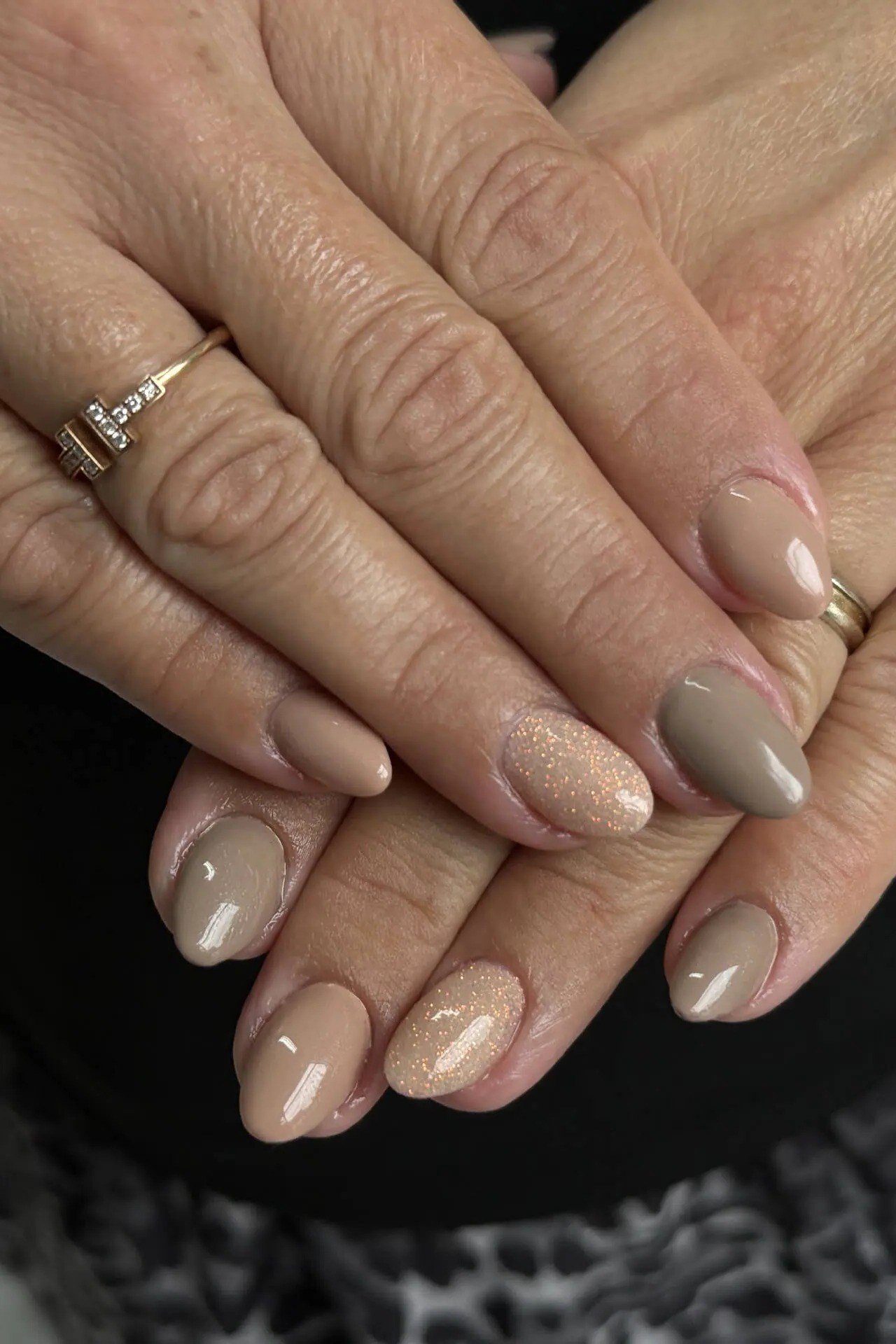Taupe Ombre Nails with Gold Glitter Accent for women over 60