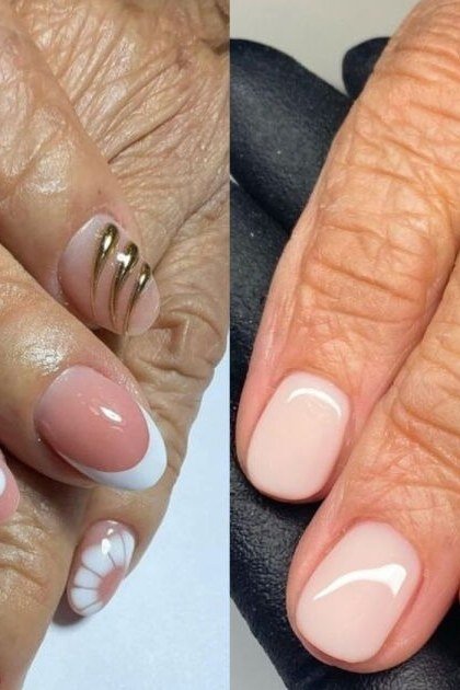 Nude nails and floral nail art for women over 60
