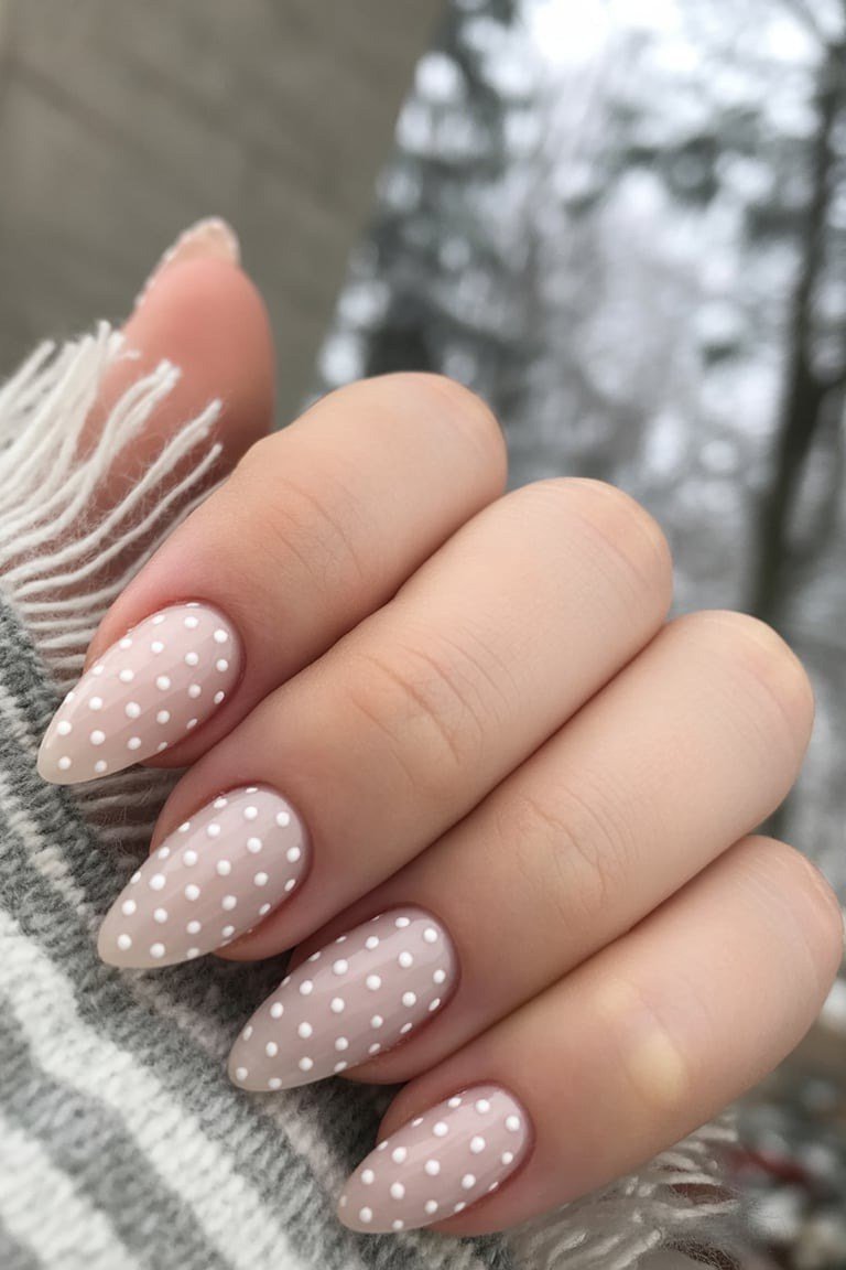 nude with white polka dots, grey scarf