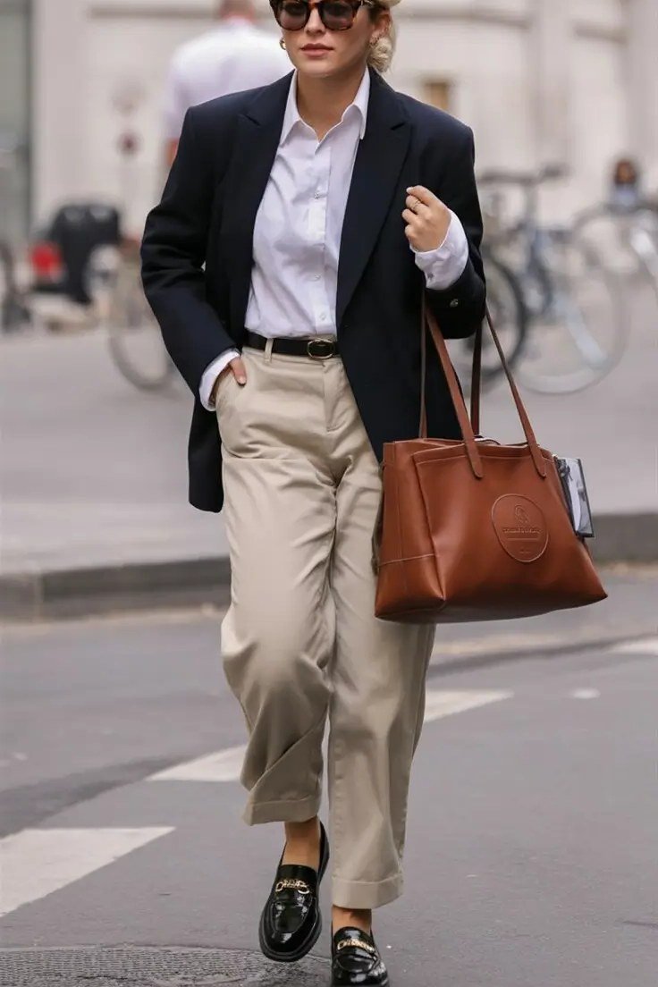 Elegant fall outfit for women over 70: black blazer with khaki trousers
