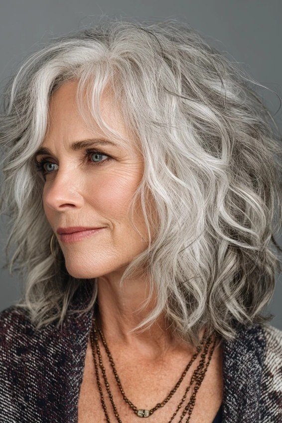 Silver curly lob haircut for women over 50