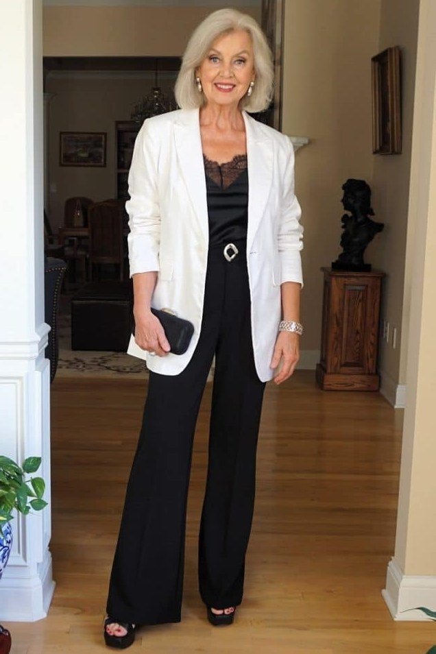 Navy Top with Crisp White Pants - fall outfit idea for women over 50