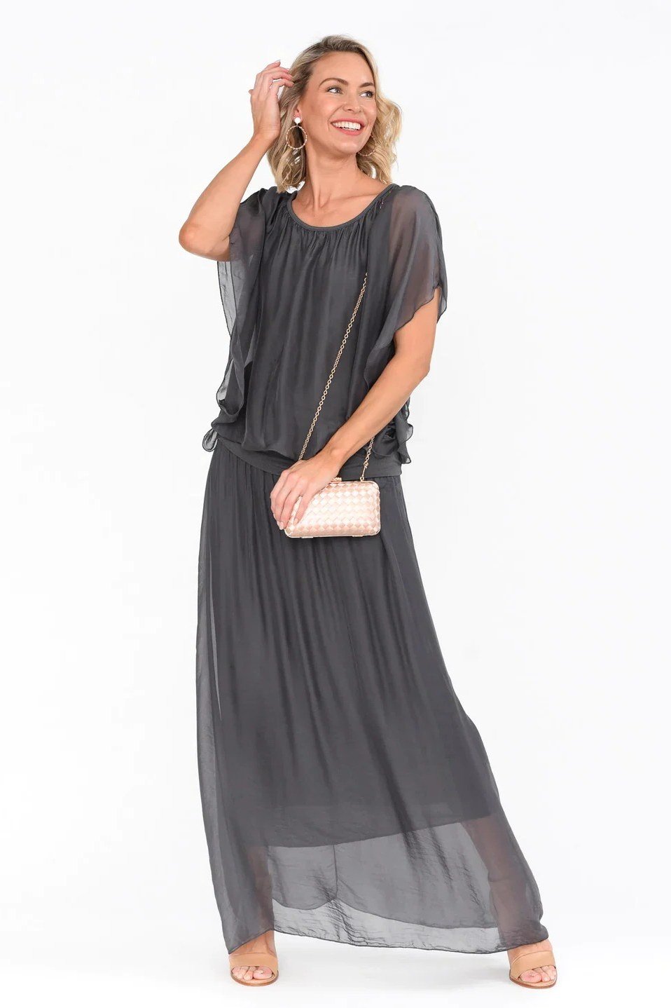 Gray Layered Maxi Dress, classy outfit for women over 60