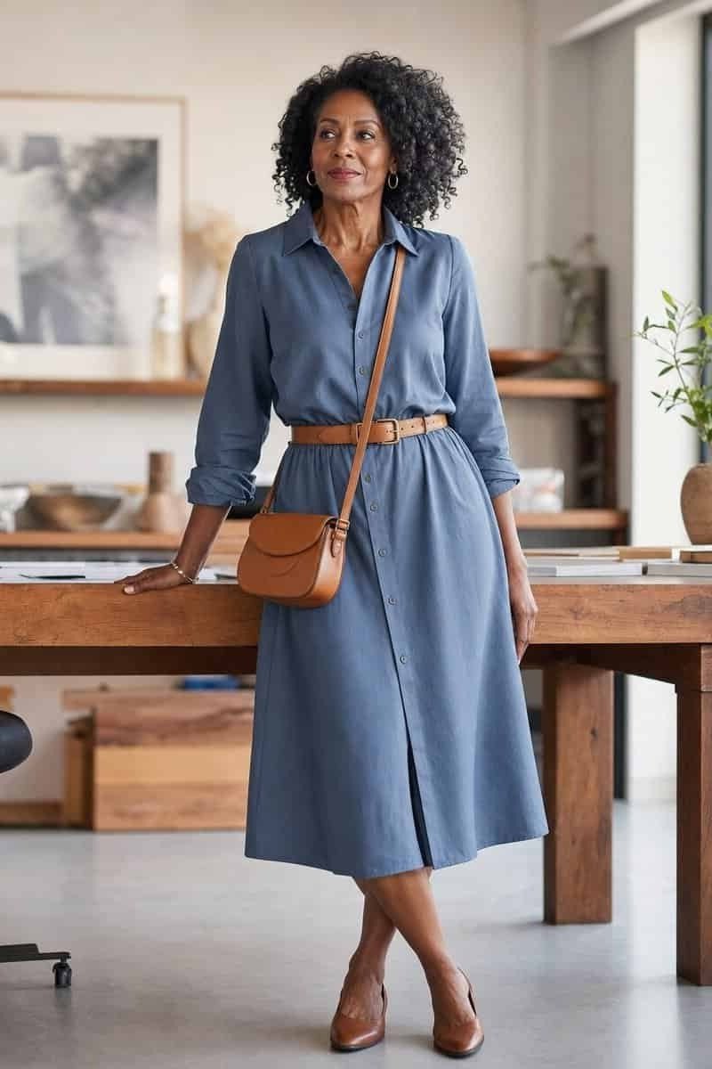 Chambray Shirt Dress with Tan Belt - business outfit for women over 50