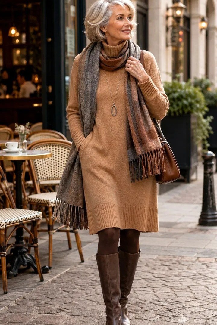 Camel sweater dress with plaid scarf and brown knee-high boots, cozy sweater outfit idea for women over 70