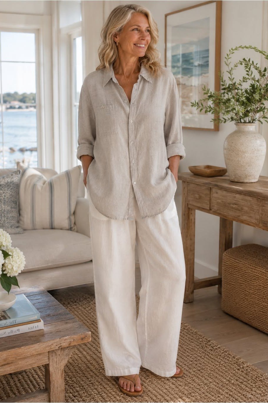 Woman over 50 wearing Five women in white tops with colorful cropped pants, studio group shot.