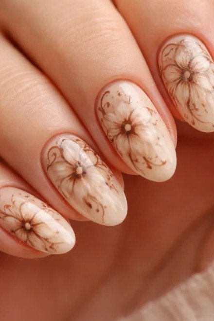 taupe nails with white floral nail art