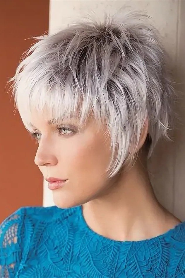 Lilac spiky pixie haircut for women over 60, side view
