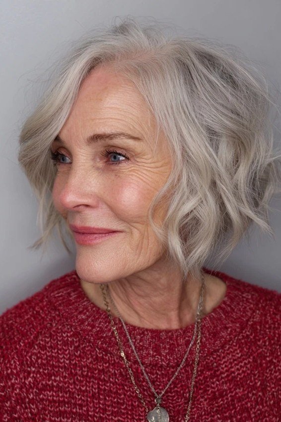 Silver wavy bob 3/4 view, red top, short layered bob hairstyle for women over 60