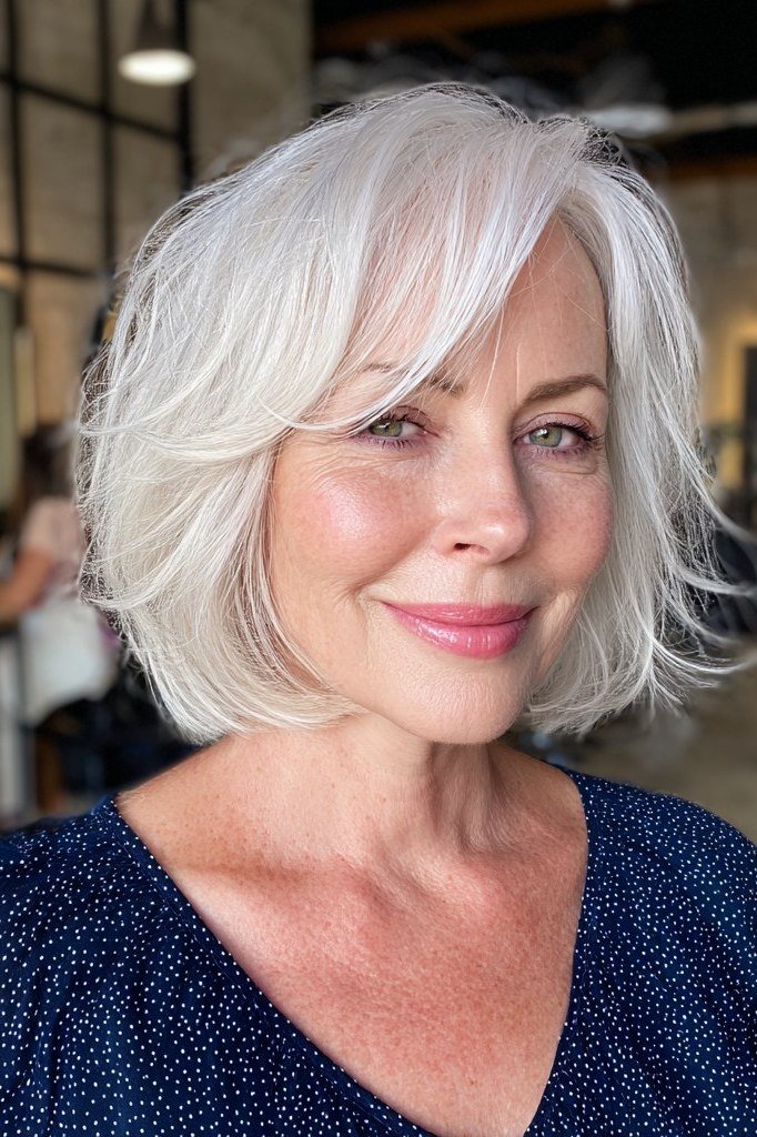 White side-parted shaggy layered bob, front view, white shaggy bob for women over 50