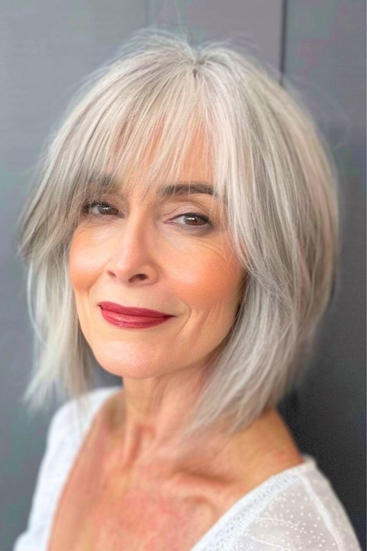 Silver Shoulder Bob - grey shoulder length hairstyle for women over 60
