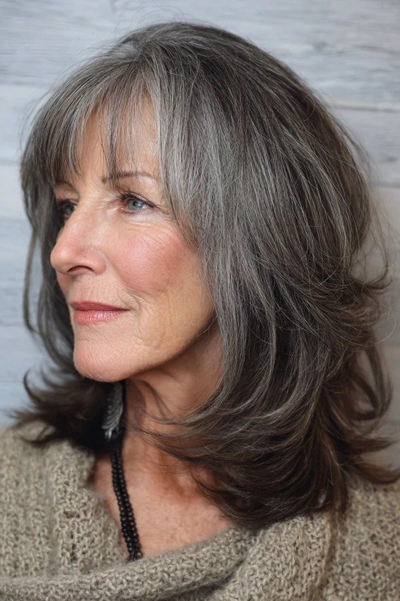 Dark Salt-and-Pepper Layers with Bangs - grey hairstyle for women over 60