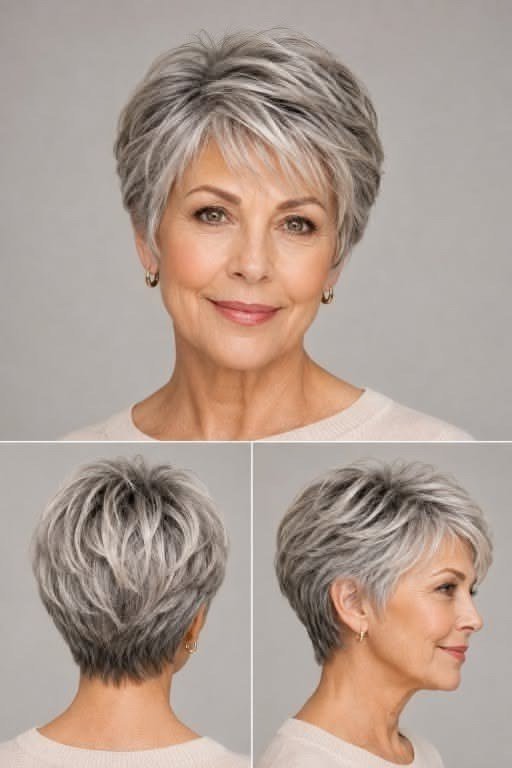 Multi-view collage, grey layered pixie, front side and back views for women over 60