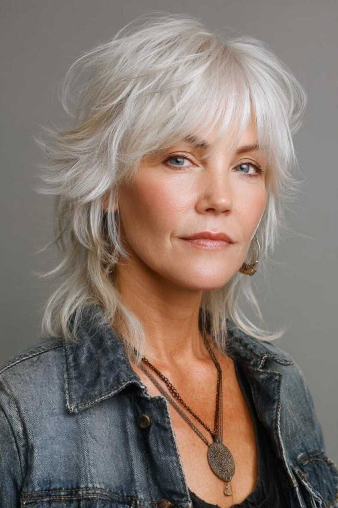 Tousled platinum shag haircut for women over 60
