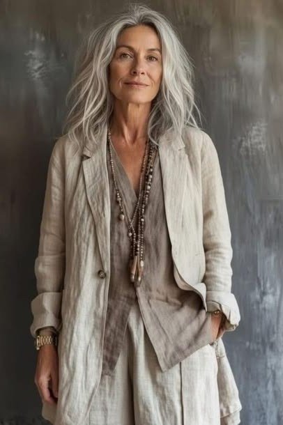 beige linen layered tunic with long necklaces for women over 50