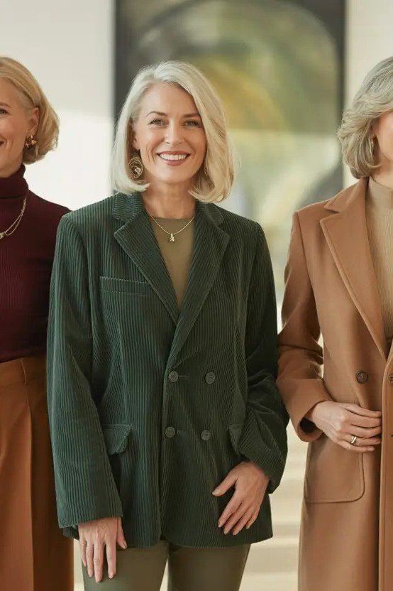 Green burgundy and camel coats with tailored trousers, fall outfits for women over 50