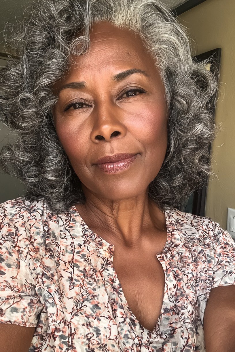 Curly gray bob with defined coils on Black woman