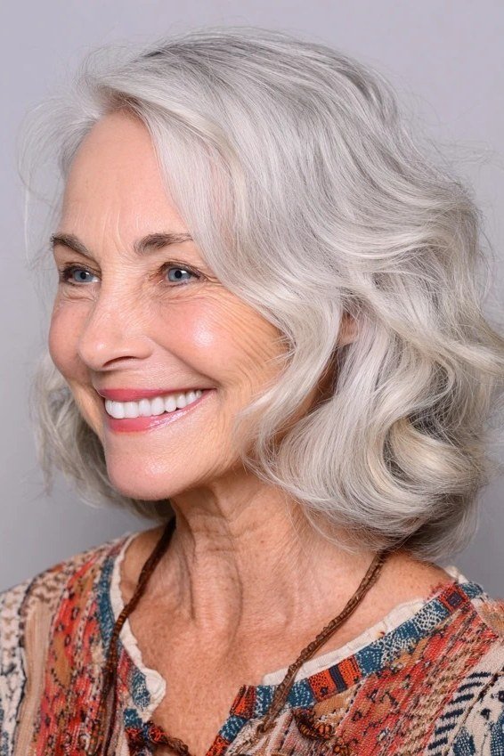 silver waves, 3/4 view, medium length hairstyle for women over 60