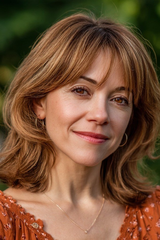 Polished auburn layered bob with bangs and warm tones for women over 40