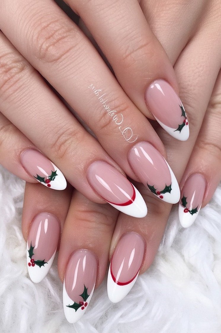 red and white french tip nails with holly art
