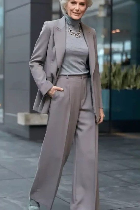 Woman over 50 in a gray wide leg pantsuit on a city street