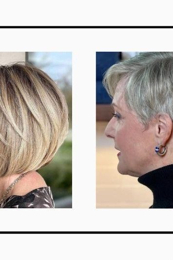 Platinum angled bob haircut for women over 70, side view