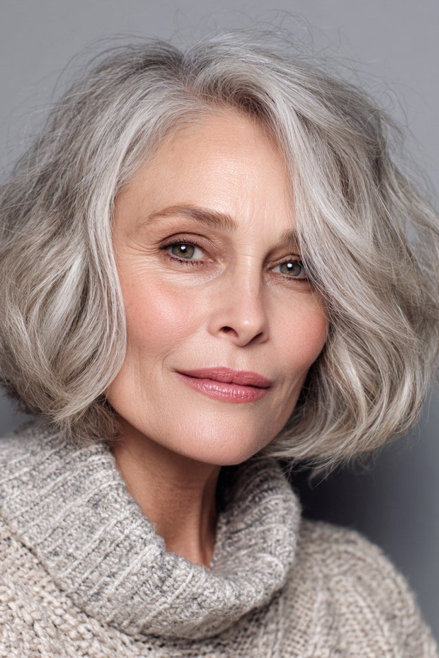 Gray tousled wave shaggy bob for women over 60, front view