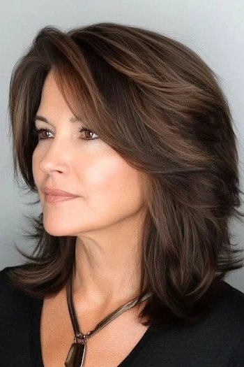 Brown feathered layered shoulder hair, three-quarter view, woman in her 60s