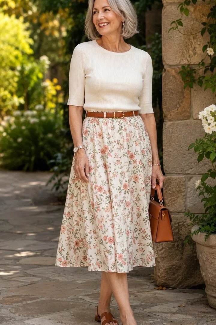 Cream Top With Floral Midi Skirt - flattering outfit idea for women over 50, how to dress better over 50