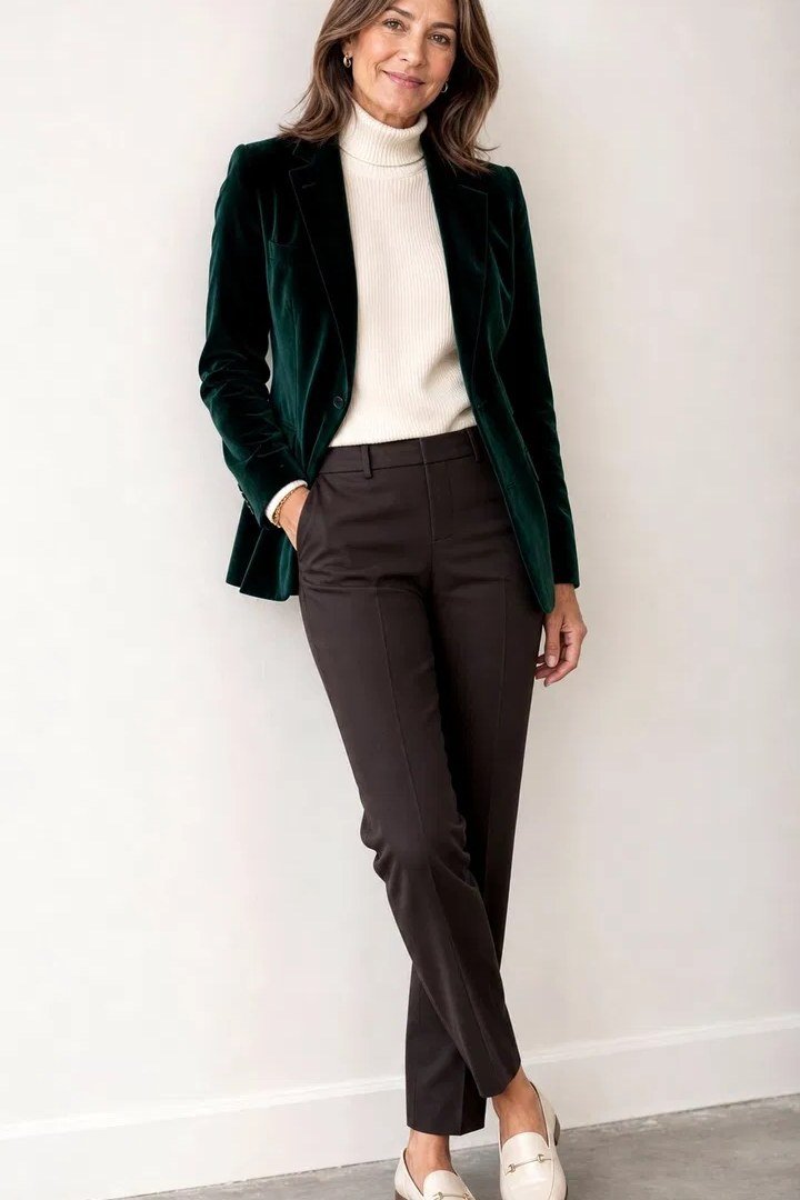 Emerald velvet blazer with white top and brown trousers, luxe evening outfit for women over 40