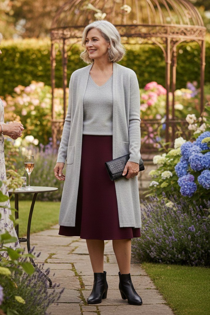 Light gray long cardigan with burgundy pleated midi skirt for women over 50