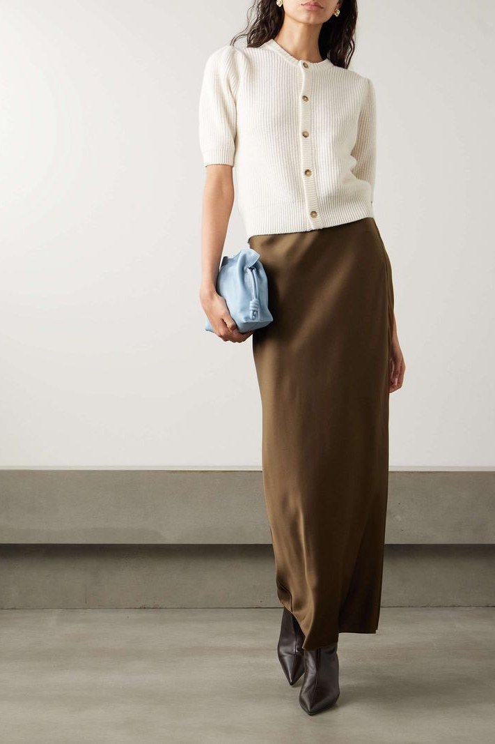 Cream Cardigan Over a Chocolate Brown Satin Midi Skirt, smart casual outfit for women over 50