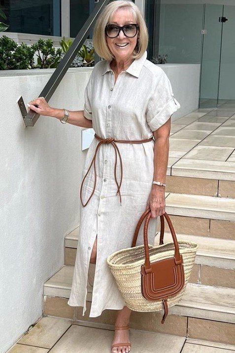 Easy casual outfit idea for women over 50: white shirtdress with a rope belt, older woman everyday style
