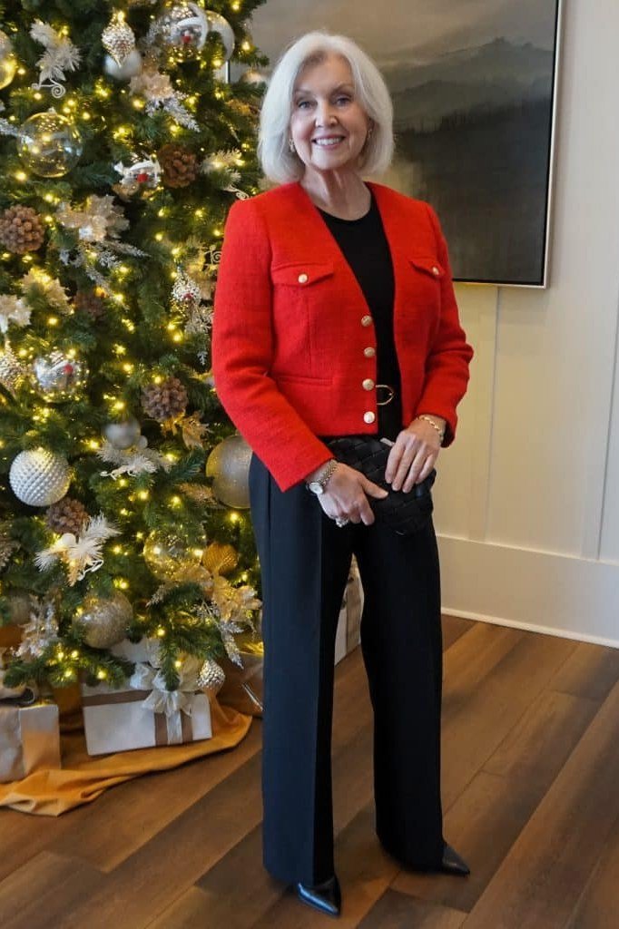 red tweed cropped jacket with wide leg trousers church outfit for women over 60