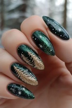 Emerald Gold Feather Glitter Stiletto Nails - emerald gold feather glitter stiletto, glitter winter nail design for women over 60