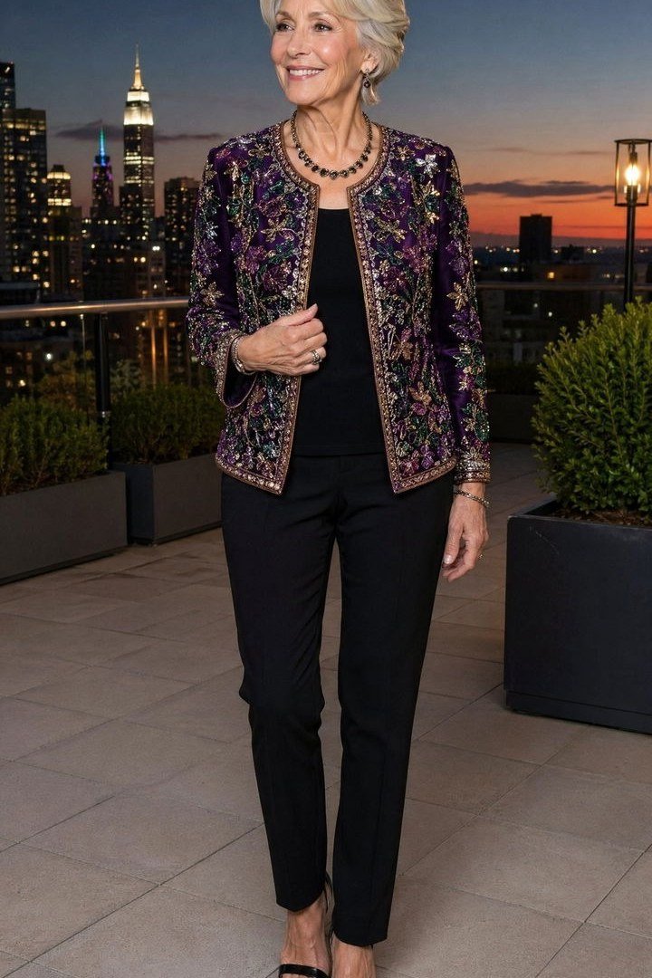Older woman in embellished evening jacket over black outfit