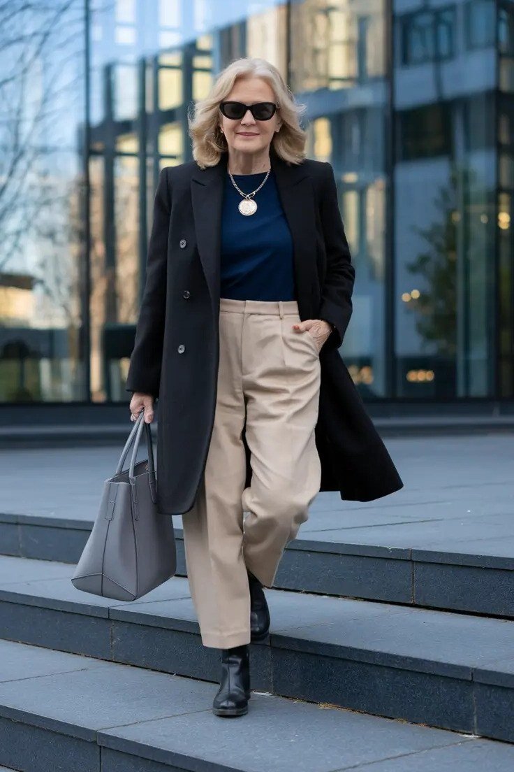 Fall city outfit for women over 50: black coat navy top beige wide trousers