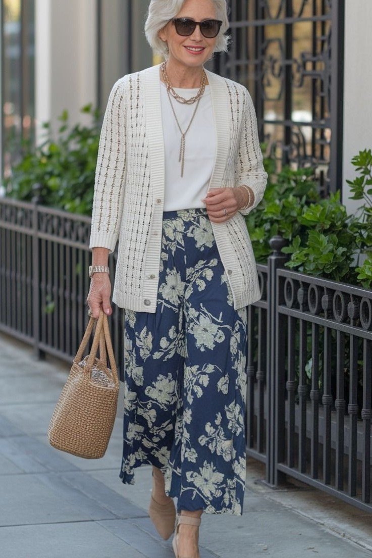 Cream Cardigan with Floral Wide-Leg Pants - chic casual outfit for women over 50