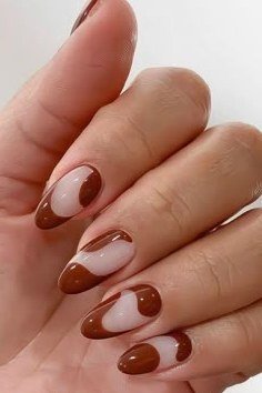 Rust-Brown Abstract French Almond Nails - brown nail idea for women over 50