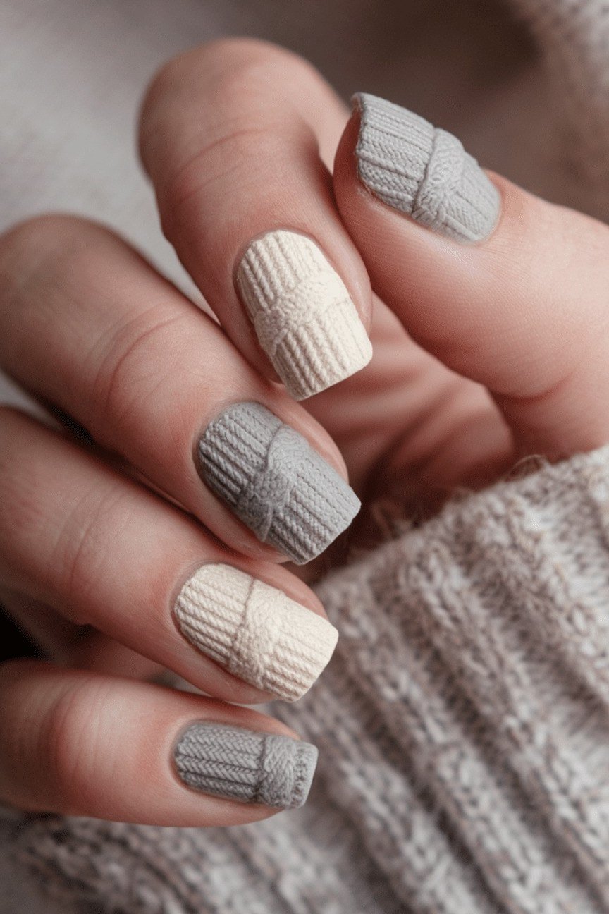 Grey Knit-Stripe Nail Art - winter nail trend for older women over 70