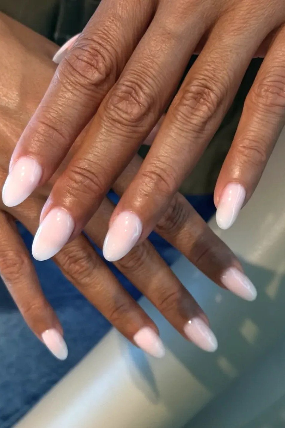 white pink baby boomer fade on medium almond nails mature skin